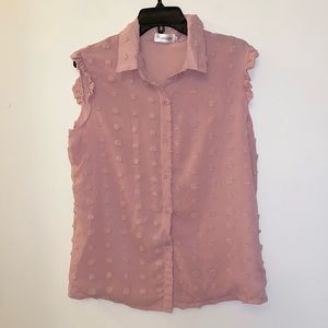 Vintage Trancylight Pink Swiss Dot Notch sleeveless collared blouse (Size: XL)